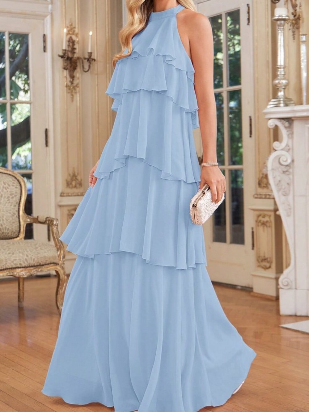 Baby Blue Casual Women's Halter Neck Ruffle Dress - Picture 7 of 9